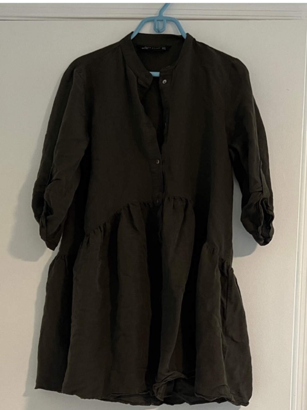 Zara Green Tiered Mini Dress‎ V-Neck 3/4 Sleeve Babydoll Oversized M Chic